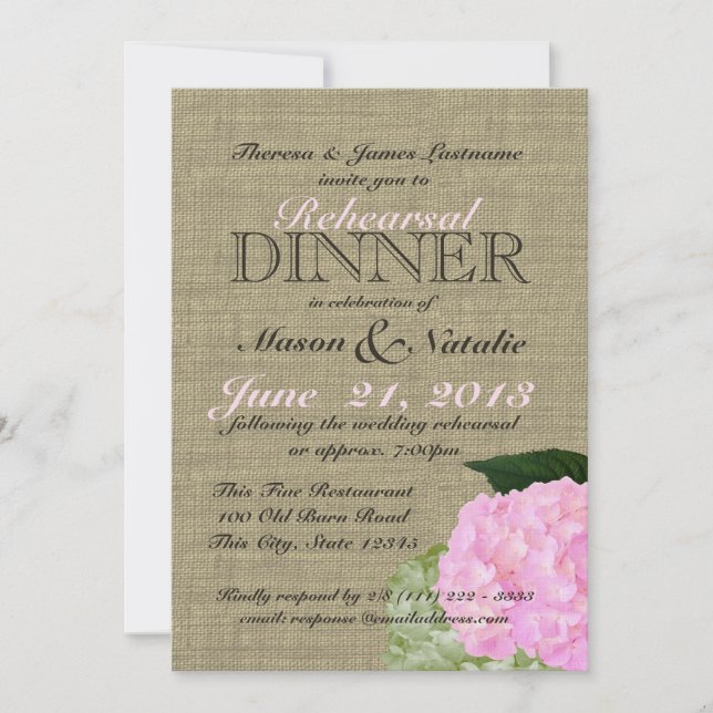 Invitación Cena de ensayo de Hydrangea rosa 5x7 (Anverso)