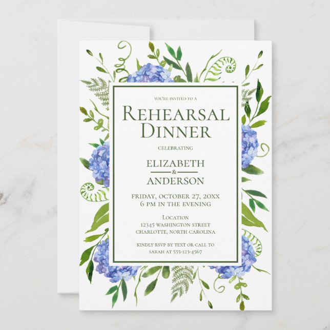Invitación Cena de ensayo de Hydrangeas azules (Anverso)