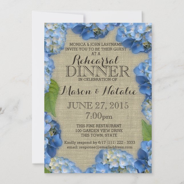 Invitación Cena de ensayo de Hydrangeas azules 5x7 (Anverso)