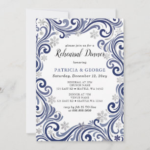Invitación Cena de Ensayo de Invierno Copos de Nieve Plata Ma