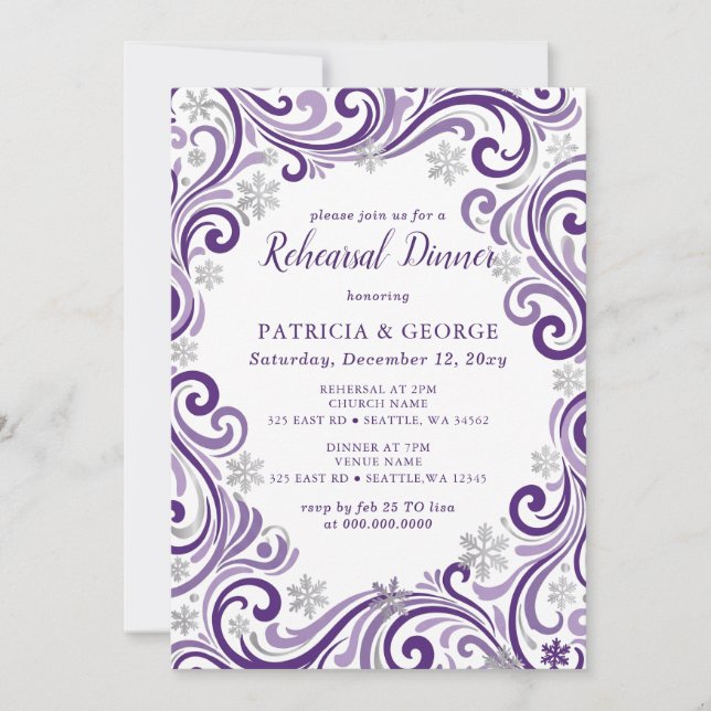 Invitación Cena de Ensayo de Invierno Morado Plateado Copos d (Anverso)
