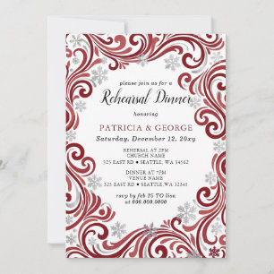 Invitación Cena de ensayo de invierno rojo plateado de copos