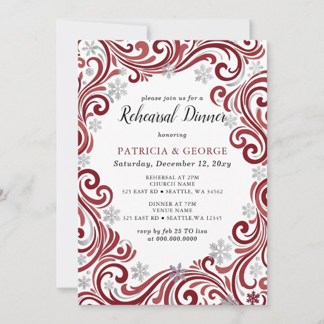 Invitación Cena de ensayo de invierno rojo plateado de copos  (Anverso)