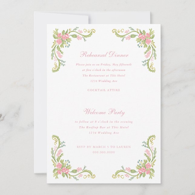 Invitación Cena de Ensayo de la Frontera Floral Rococó Ornata (Anverso)