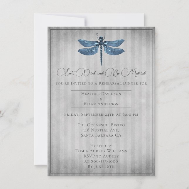 Invitación Cena de ensayo de la libélula con joyas azules (Anverso)
