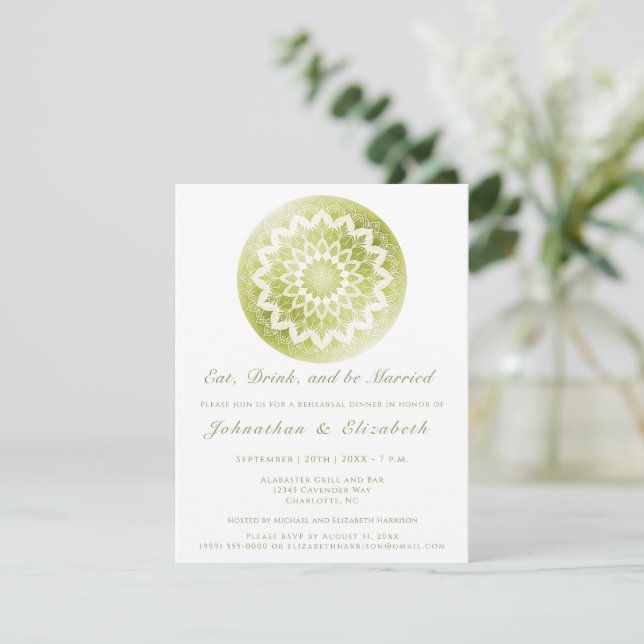 Invitación Cena de ensayo de la mandala de encaje verde (Anverso de pie)
