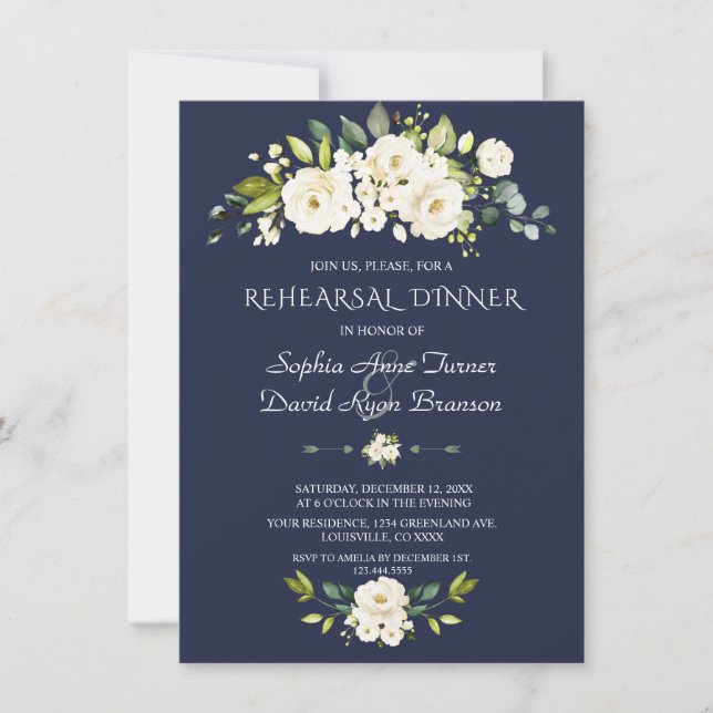Invitación Cena de ensayo de la Marina de Flores Blancas acua (Anverso)