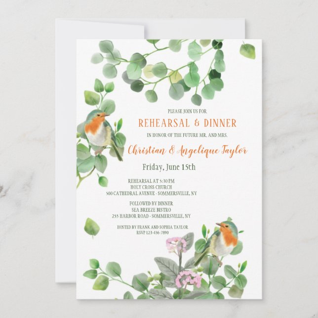 Invitación Cena de ensayo de la pareja de pájaros (Anverso)