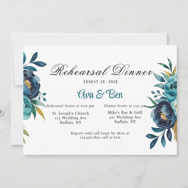 Invitación Cena de ensayo de la peonía azul verde azulada y d (Anverso)