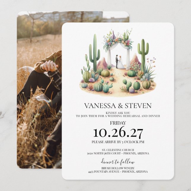 Invitación Cena de ensayo de la pequeña pareja boho cactus (Anverso / Reverso)
