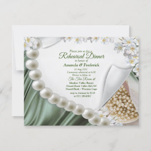 Invitación Cena de ensayo de la seda verde y las perlas de ma