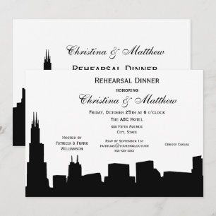Invitación Cena de ensayo de la silueta negra del horizonte d