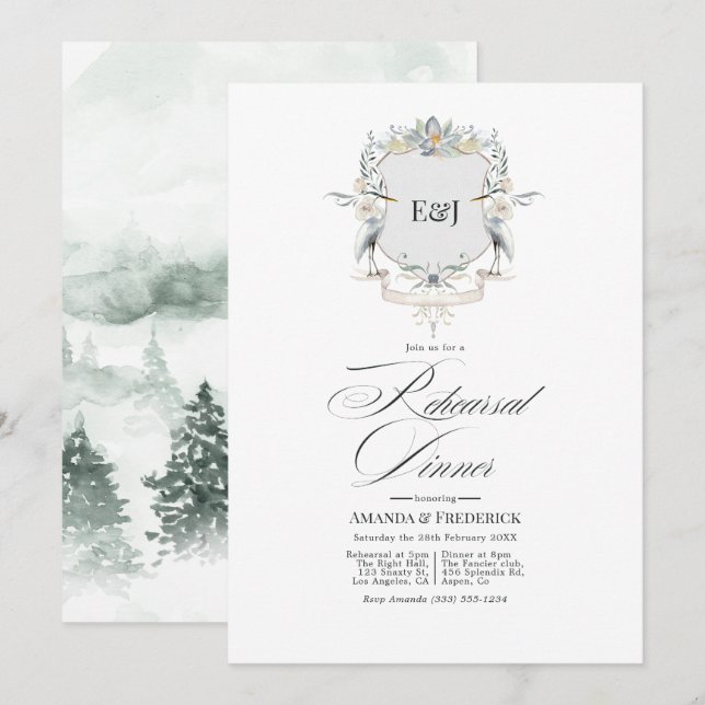 Invitación Cena de ensayo de Lakeside Monogram Laurel Crest (Anverso / Reverso)