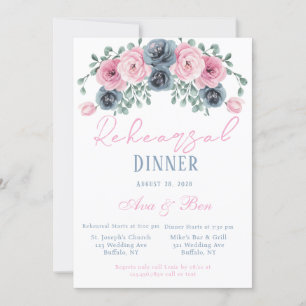 Invitación Cena de ensayo de las flores azules rosadas y turb