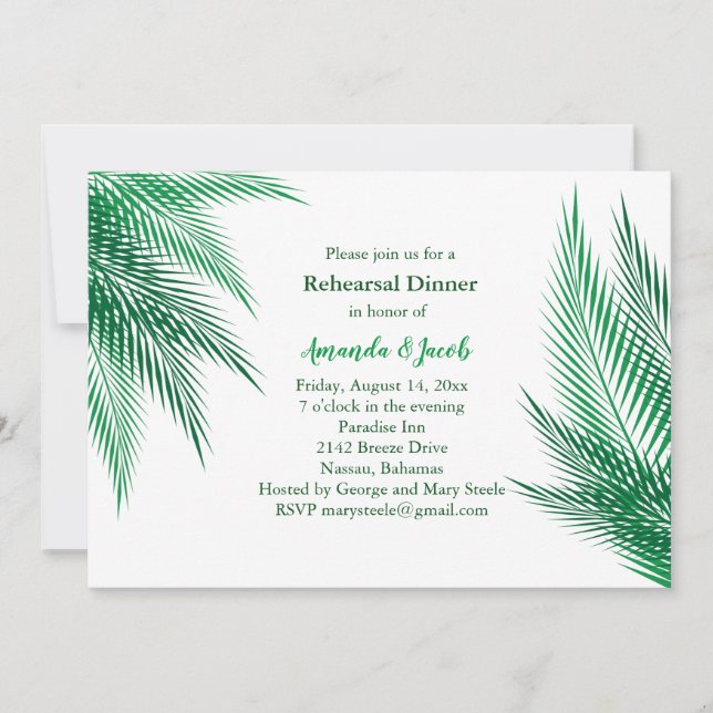 Invitación Cena de ensayo de las hojas de palmera verde clási (Anverso)