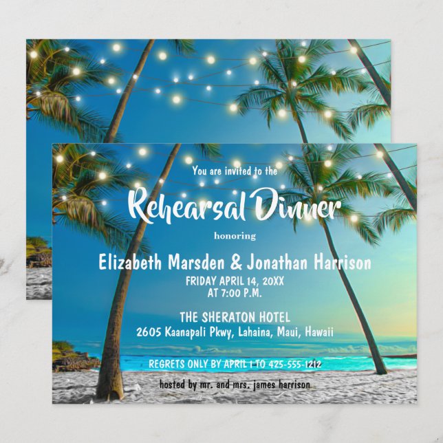Invitación Cena de ensayo de las luces de cadena en la playa  (Anverso / Reverso)