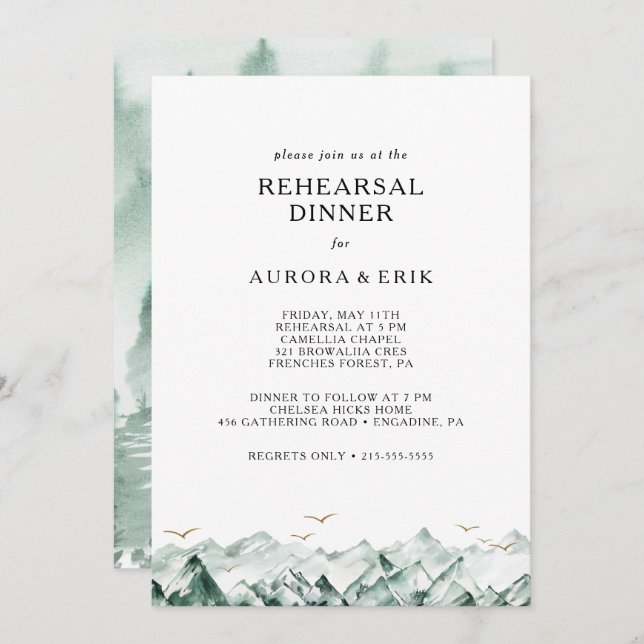 Invitación Cena de ensayo de las Montañas Verdes y Oro (Anverso / Reverso)