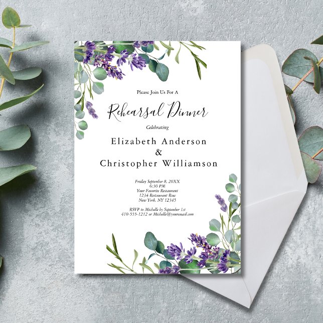 Invitación Cena de Ensayo de Lavanda Eucalipto Verdes (Lavender Eucalyptus Wedding Rehearsal Dinner Invitation. Elegant Watercolor Greenery)
