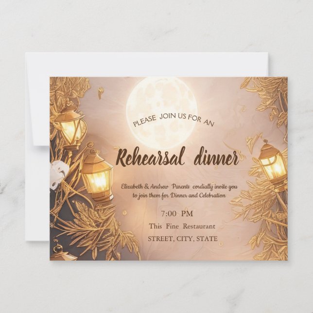 Invitación Cena de Ensayo de Linterna Rústica Ramas Elegantes (Anverso)