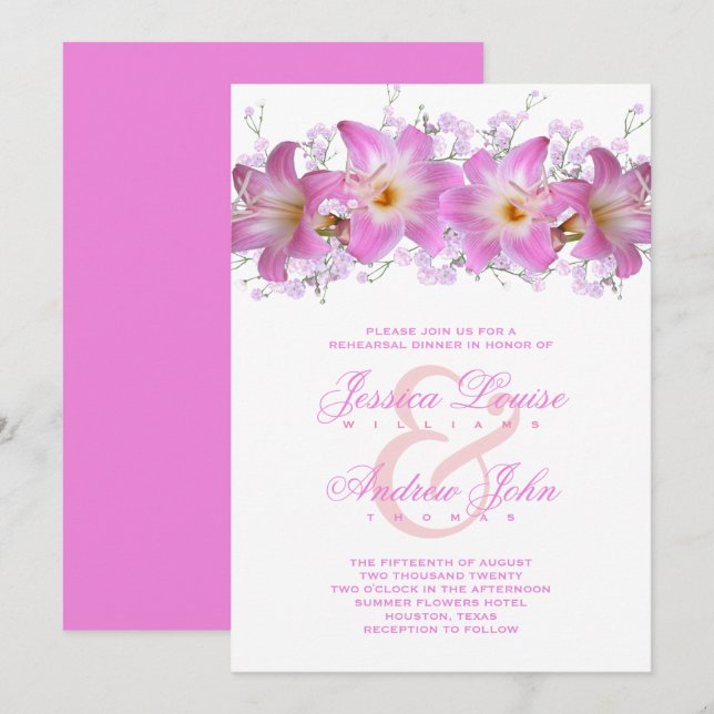 Invitación Cena de ensayo de lirios belladonna románticos (Anverso / Reverso)