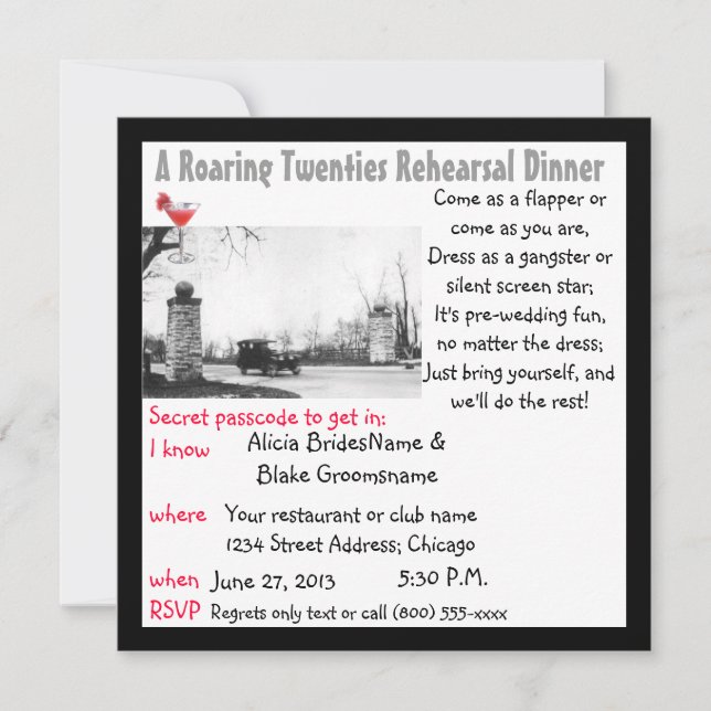 Invitación Cena de ensayo de los años 20 (Anverso)