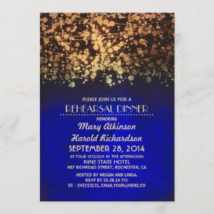 Invitación cena de ensayo de luces de cuerda azul y oro