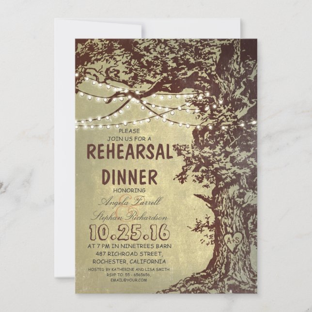 Invitación Cena de ensayo de luces de cuerda de árbol rústico (Anverso)