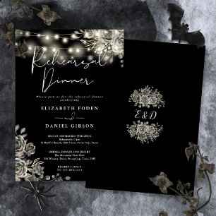 Invitación Cena de Ensayo de Luces Florales Negras Góticas