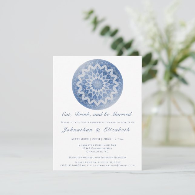 Invitación Cena de Ensayo de Mandala de Encaje Azul (Anverso de pie)