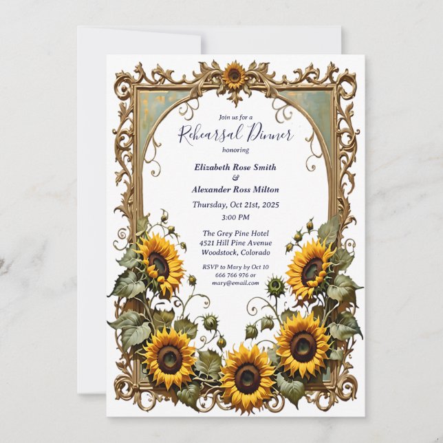 Invitación Cena de ensayo de marco de arte de girasol amarill (Anverso)
