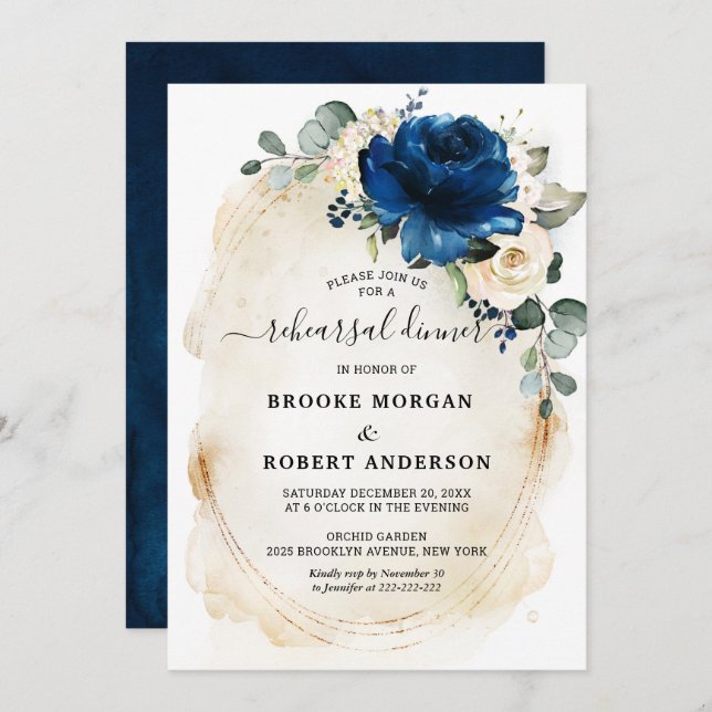 Invitación Cena de ensayo de marfil de champán blanco de oro  (Anverso / Reverso)