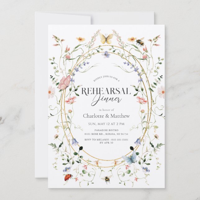 Invitación Cena de ensayo de mariposa de flores silvestres (Anverso)