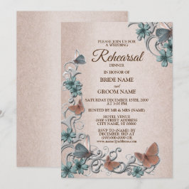 Invitación Cena de ensayo de mariposa floral plateada verde a