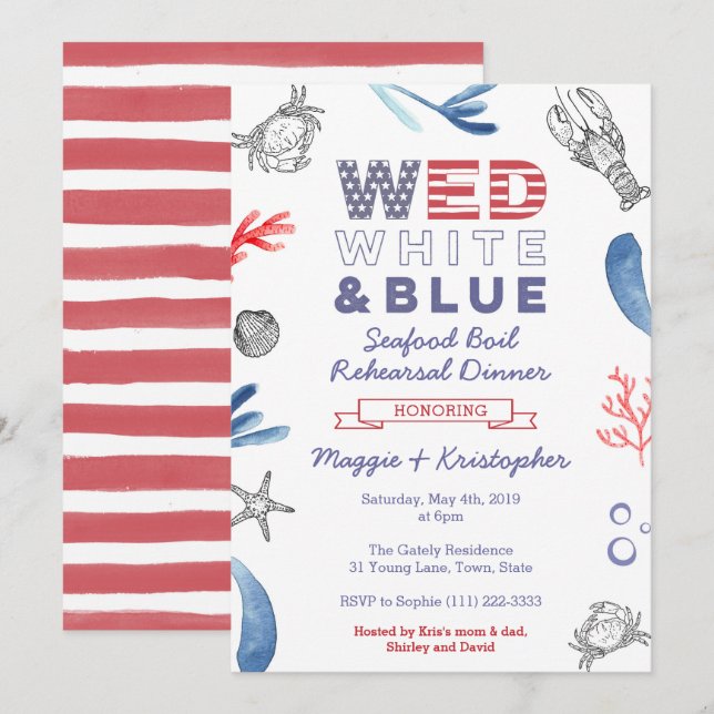 Invitación Cena de ensayo de mariscos, Rojo Blanco Azul (Anverso / Reverso)