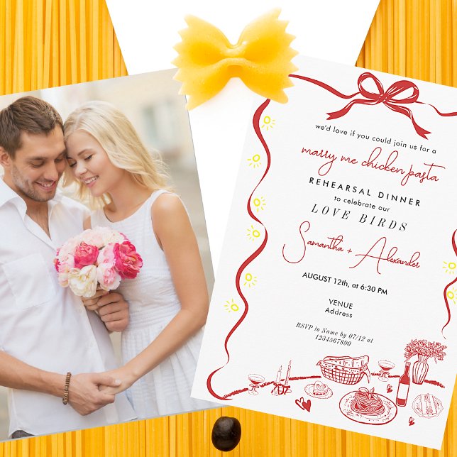 Invitación Cena de ensayo de marry me polen pasta R Boda (Marry Me Chicken Pasta Red Couple Engagement Italian Wedding Rehearsal Dinner Brunch Invitation )