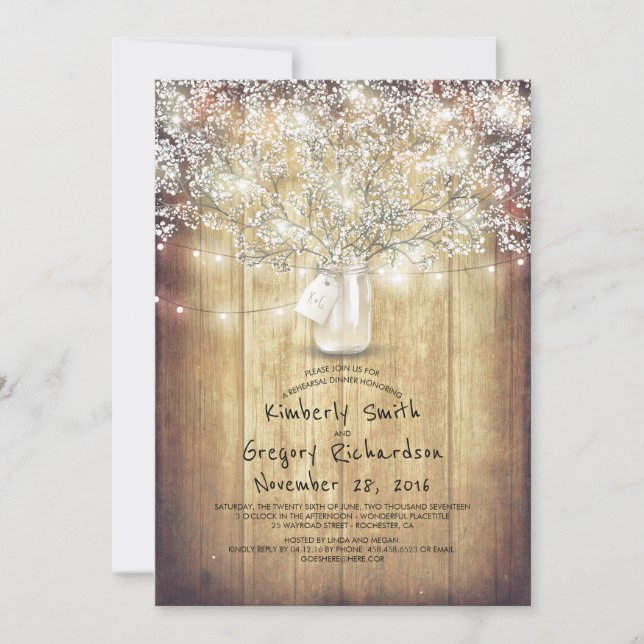 Invitación Cena de ensayo de Mason Jar Barn (Anverso)