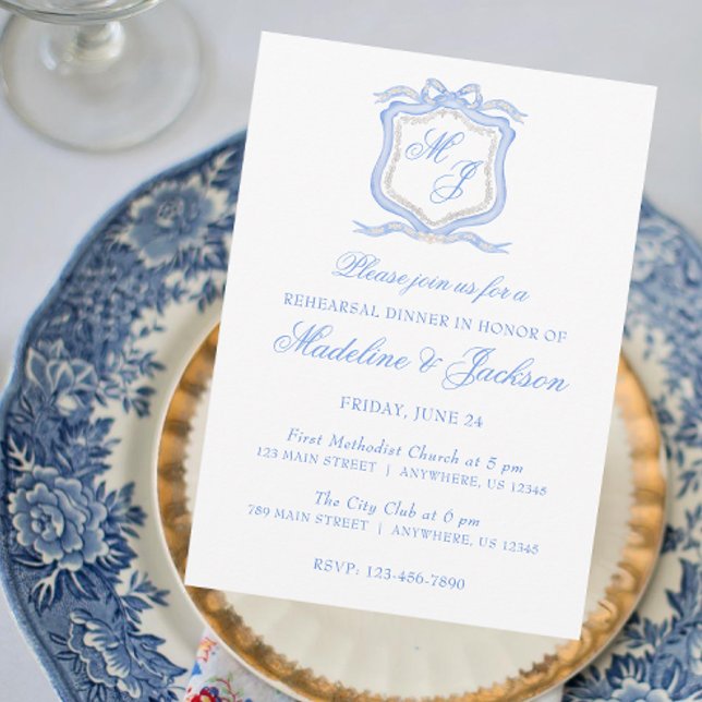 Invitación Cena de ensayo de monograma azul acuarela Escudo (Subido por el creador)