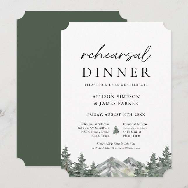 Invitación Cena de ensayo de montaña de bosques de pinos (Anverso / Reverso)