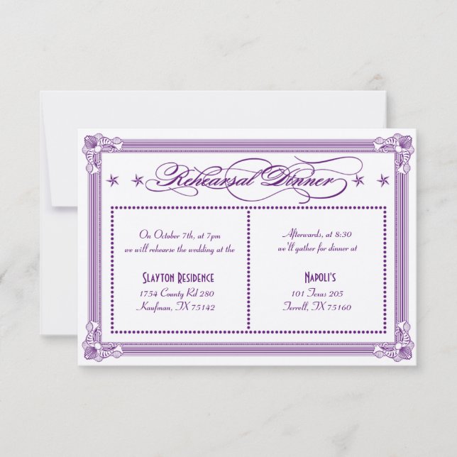Invitación Cena de ensayo de morado metálico y oro (Anverso)