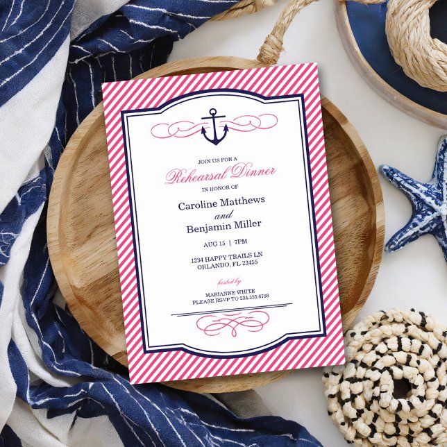 Invitación Cena de ensayo de náutica marina y rosa (Subido por el creador)