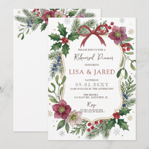 Invitación Cena de ensayo de Navidad de invierno floral con l