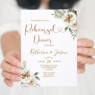 Invitación Cena de ensayo de Navidad floral blanca en inviern