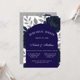 Invitación Cena de ensayo de Navy Blue Peony y Silver Leaves