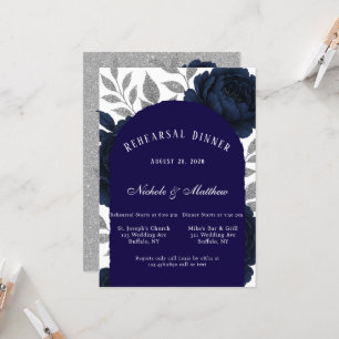Invitación Cena de ensayo de Navy Blue Peony y Silver Leaves