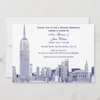 Invitación Cena de ensayo de NYC Skyline 01 Etchd DIY BG Azul