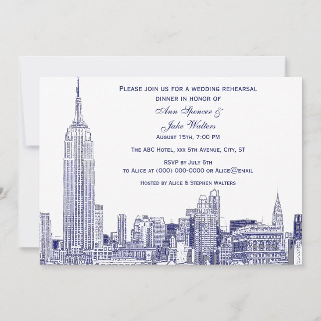 Invitación Cena de ensayo de NYC Skyline 01 Etchd DIY BG Azul (Reverso)