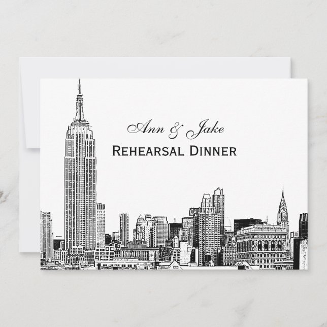 Invitación Cena de ensayo de NYC Skyline 01 Etchd DIY BG Colo (Anverso)