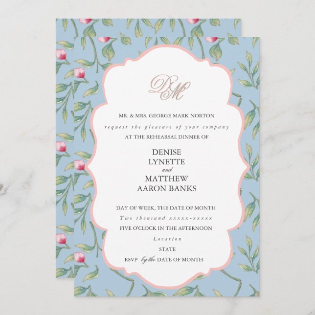 Invitación Cena de ensayo de Omphalodes azul y rosa gasa (Anverso / Reverso)