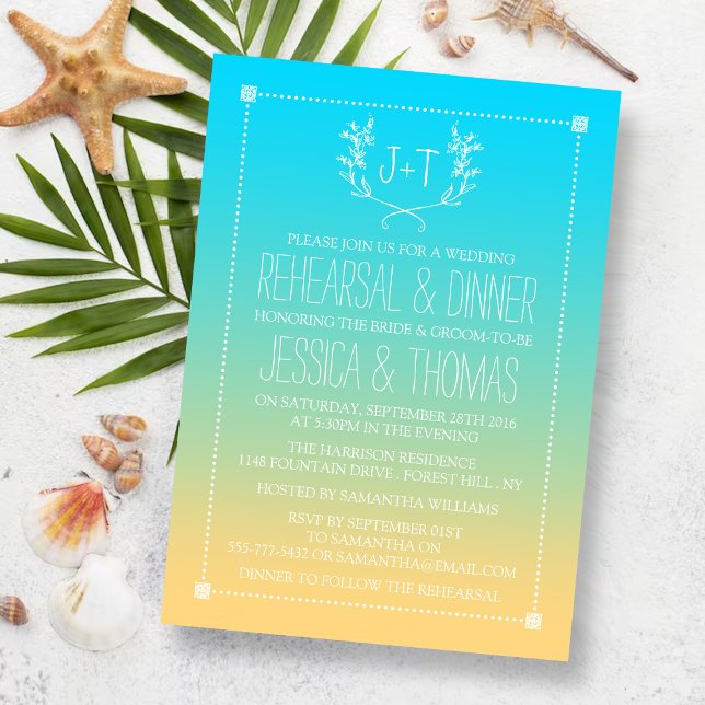 Invitación Cena de ensayo de orémbre de playa de Wreath monog (Subido por el creador)