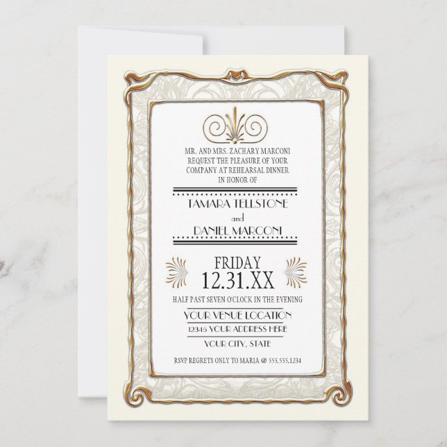 Invitación Cena de ensayo de oro Art Deco Nouveau Gatsby (Anverso)